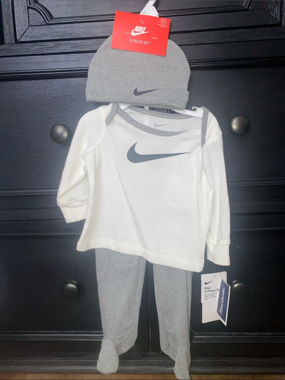 Nike White & Gray Baby 3-Piece Outfit - Swoosh Top, Beanie & Footed Pants